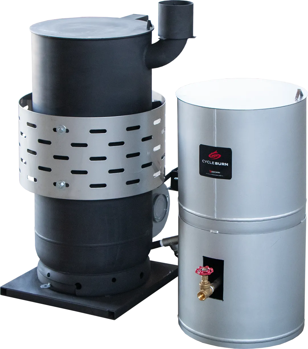 廃油ストーブ[サイクルバーン]製品と社員画像
